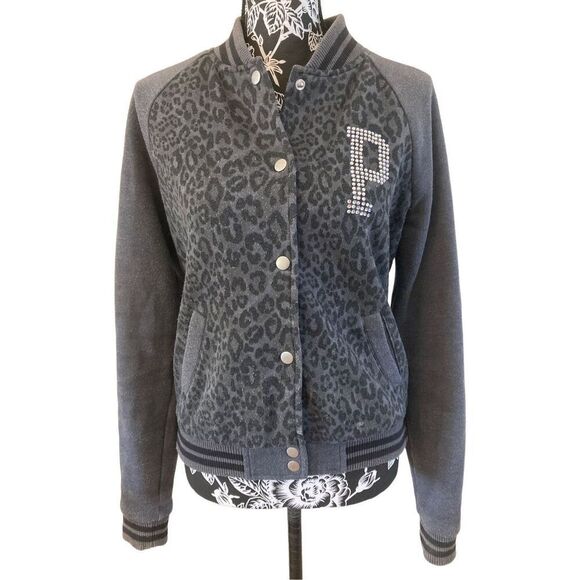 Pink Victorias Secret Varsity Jacket Colorblock Animal Print Leopard Sporty Outd - Picture 2 of 5